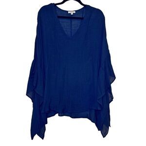 Umgee V-Neck Ruffle Bell Sleeve Rayon Blend Hi-Low Tunic Blouse Top Blue Medium